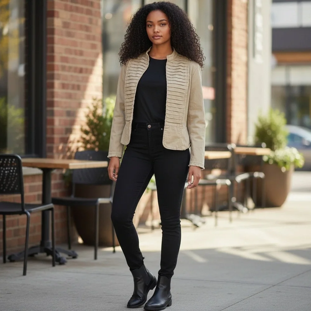 Feminine Denim Tan‎ Utility Blazer L (M) Jacket Boho-Utilitarian Texture-Focused